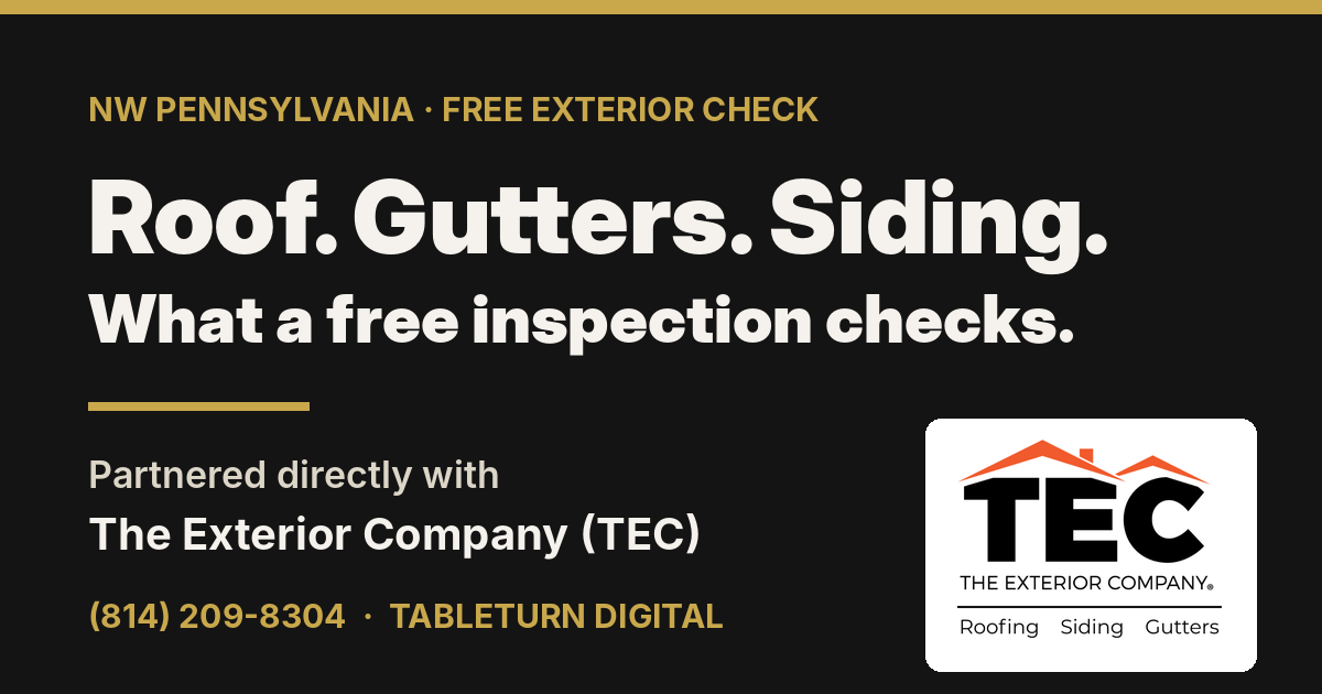 Roof, gutters, siding. What a free exterior inspection checks. Partnered directly with The Exterior Company (TEC).