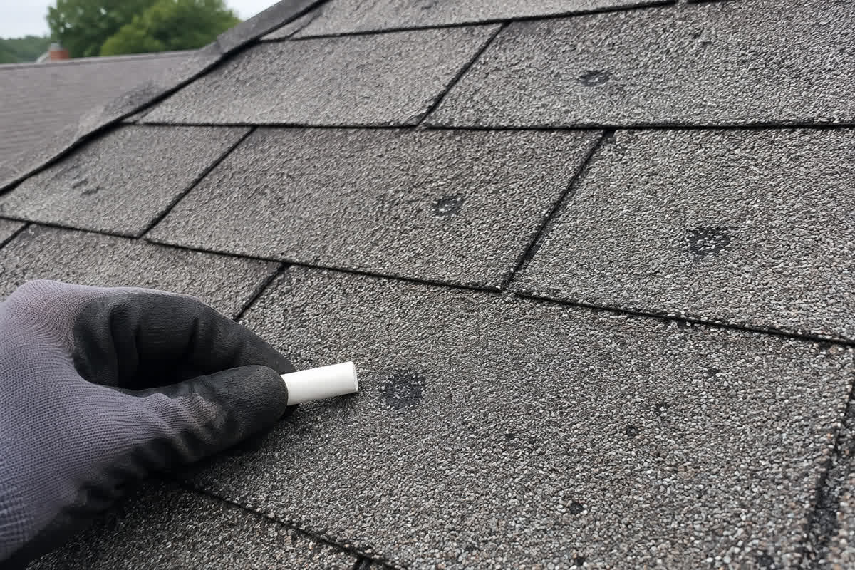Illustration of possible hail impact marks and displaced granules on gray asphalt shingles