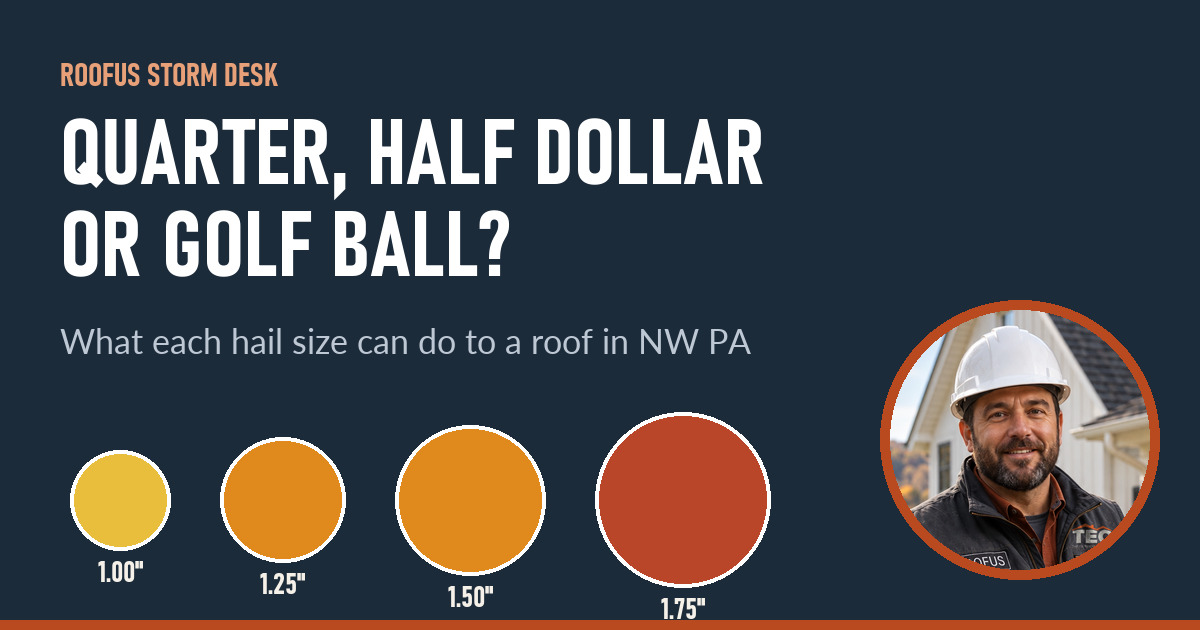 Hail sizes drawn to scale: 1 inch quarter, 1.25 inch half dollar, 1.5 inch ping pong ball and 1.75 inch golf ball